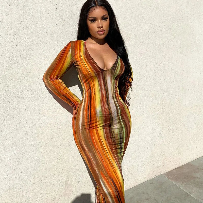 Women's V-neck Stripe Long Sleeve Tight Fit Sexy Dress for Women